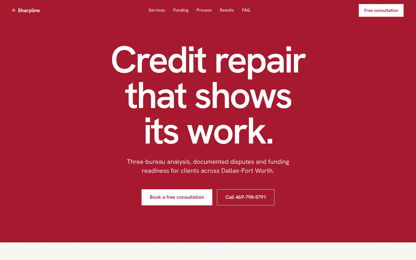Sharpline's new homepage: red, with the headline Credit repair that shows its work and a Book a free consultation button