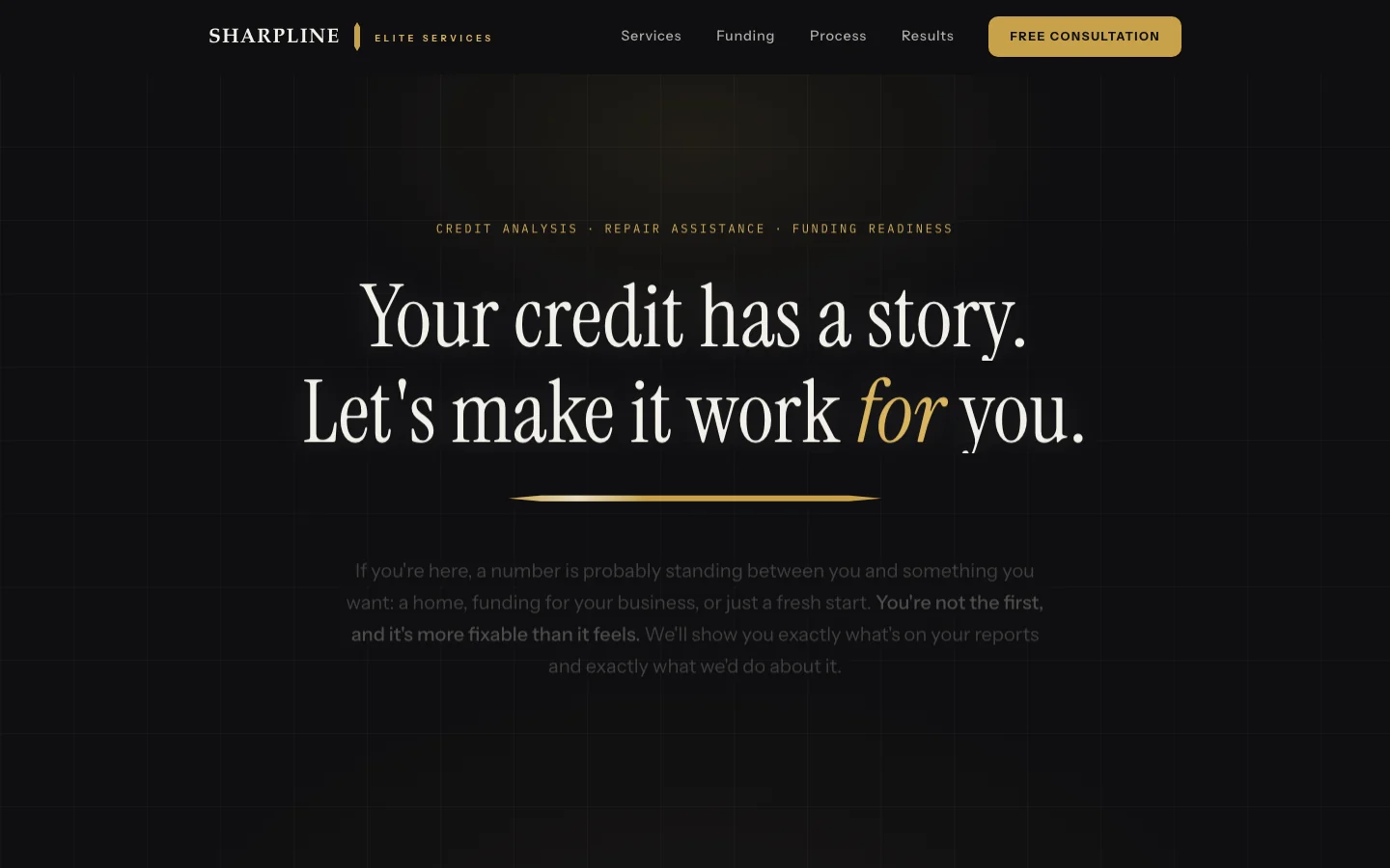 Sharpline's old homepage: black and gold, with the headline Your credit has a story