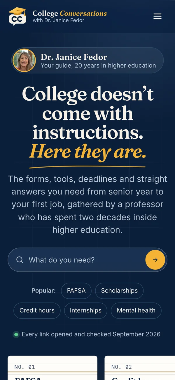 Full page of collegeconversations.org on a phone